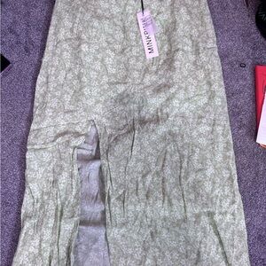 MINKPINK Sage Green Floral Slip Skirt with Front Slit